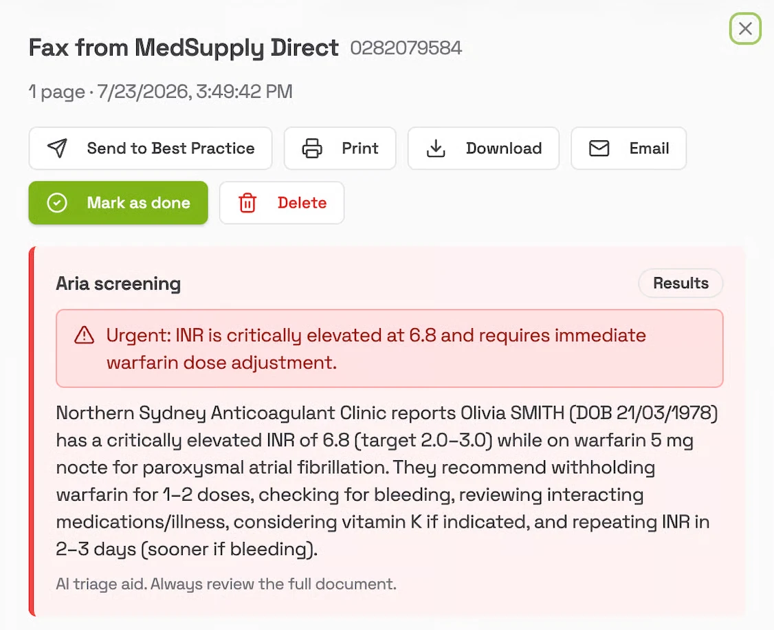 Aria screening panel — an urgent fax read and summarised, with one-click filing to Best Practice