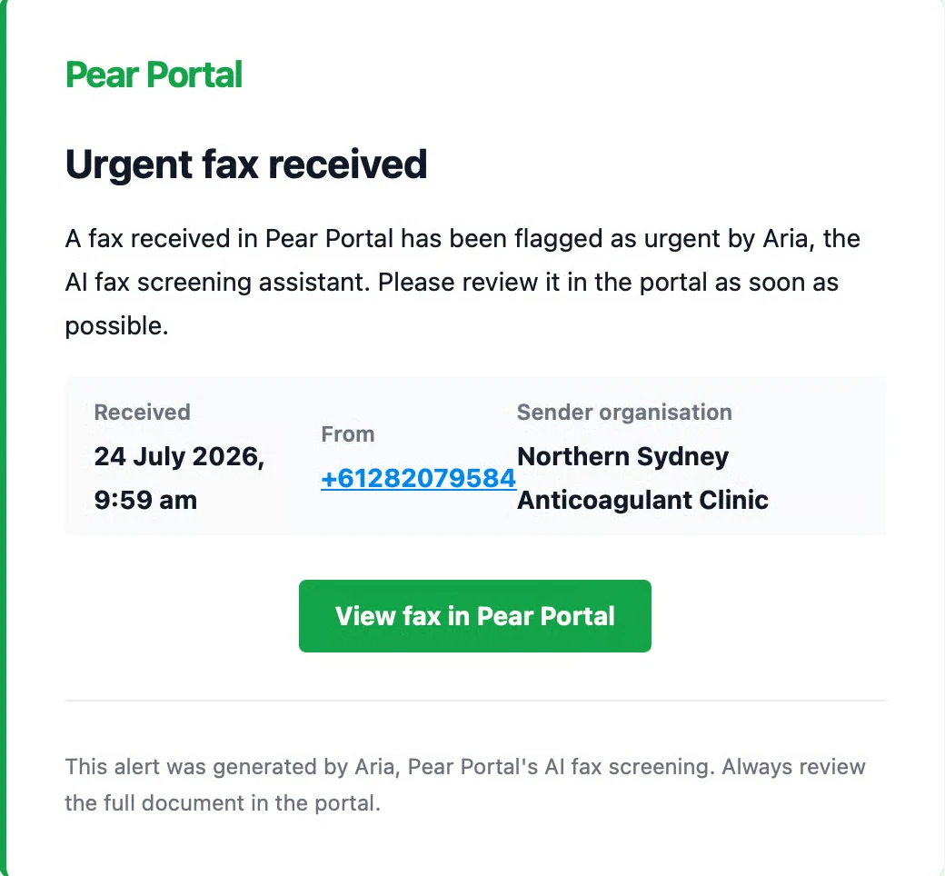 The urgent-fax email alert — no medical content, just who sent it and a link to the portal