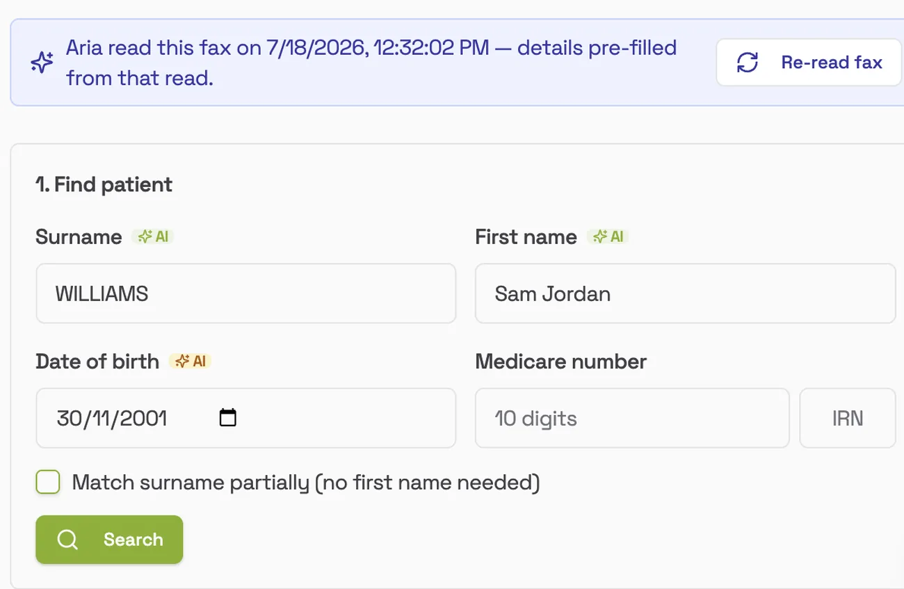 Send to Best Practice, with patient surname, first name and date of birth pre-filled by Aria
